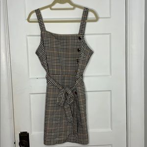 Plaid pinafore dress with gold buttons and belt!